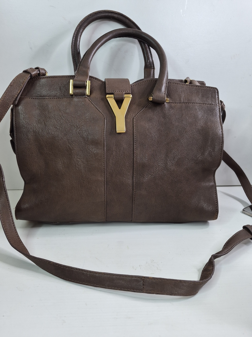 Ysl Brown Leather Satchel with Gold Y Accent